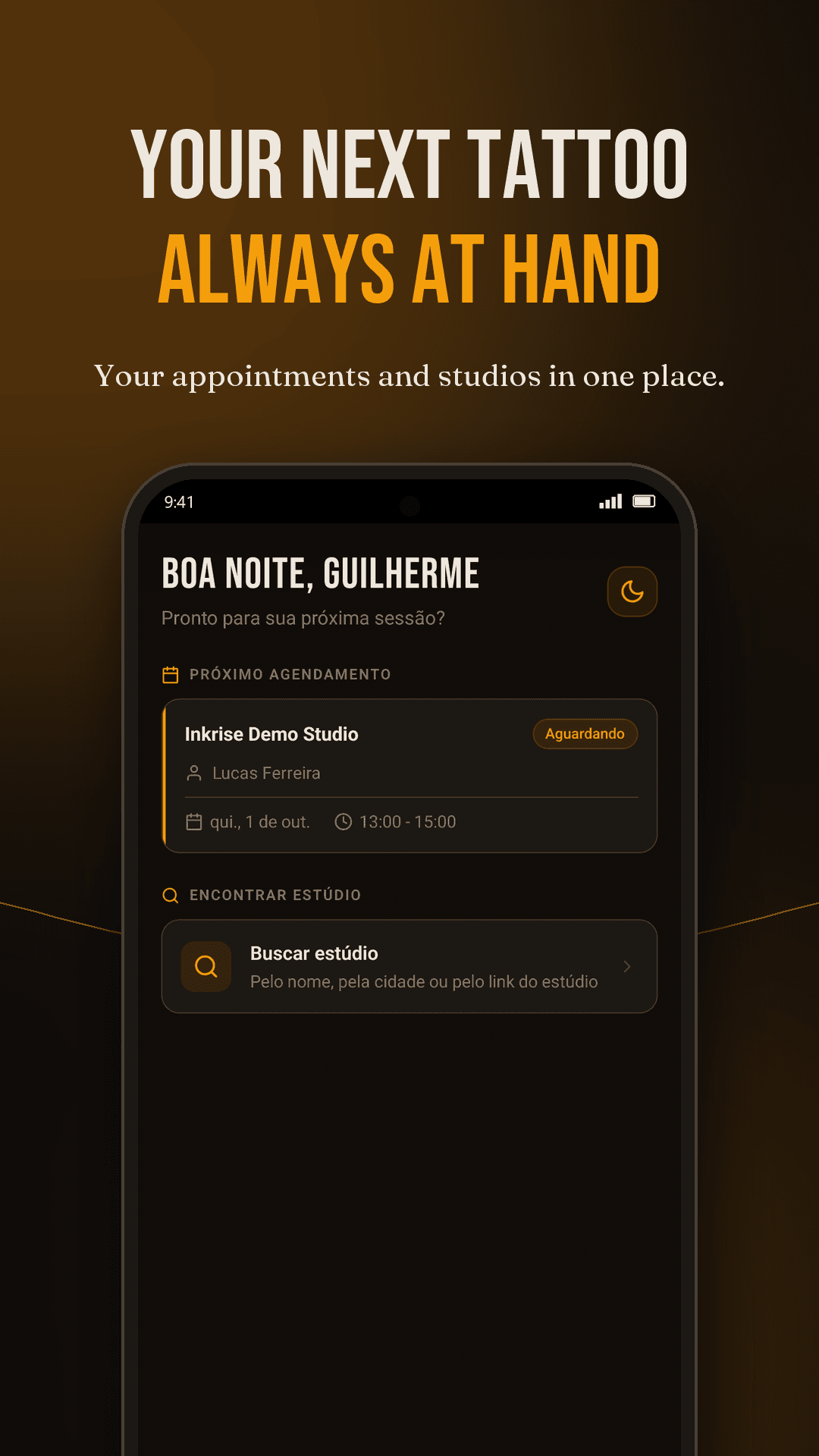 Inkrise app home screen with the next appointment and studio search