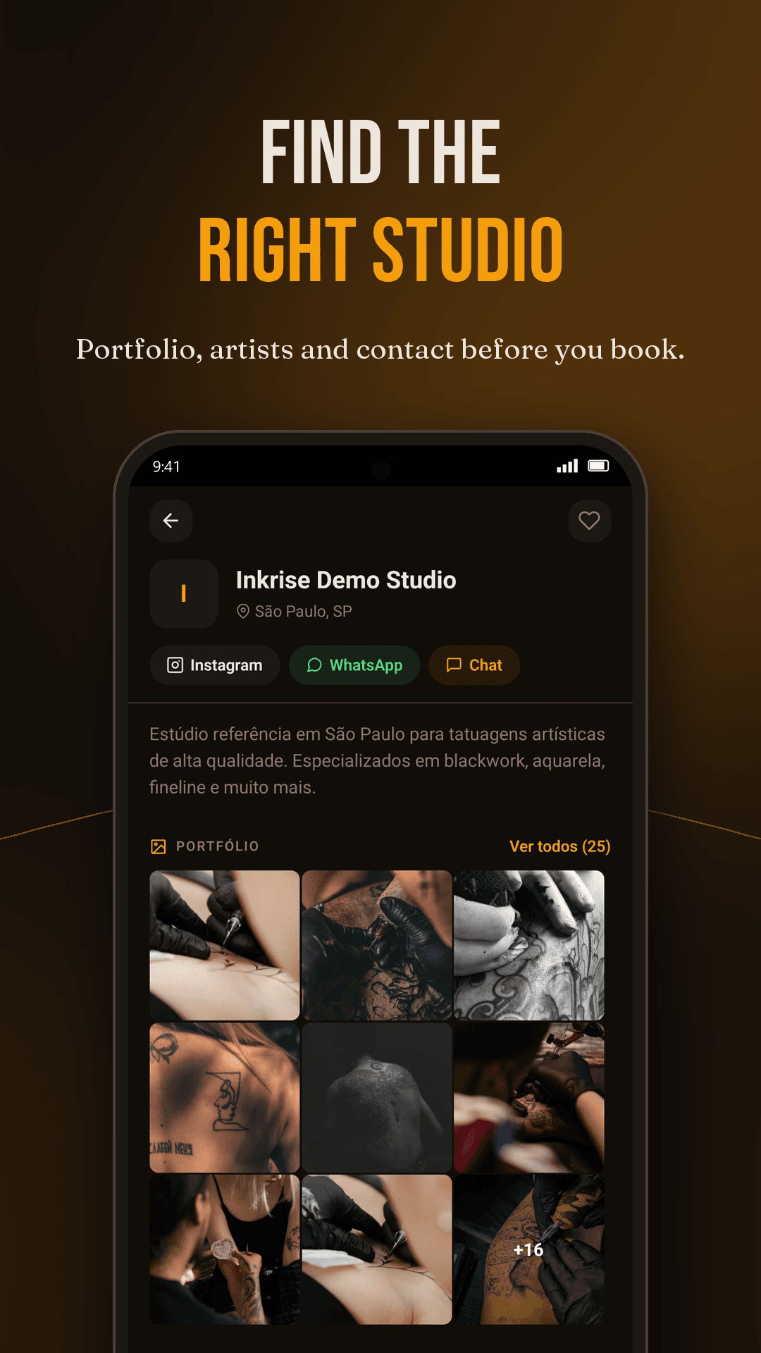 Studio page in the Inkrise app with portfolio, contacts and description
