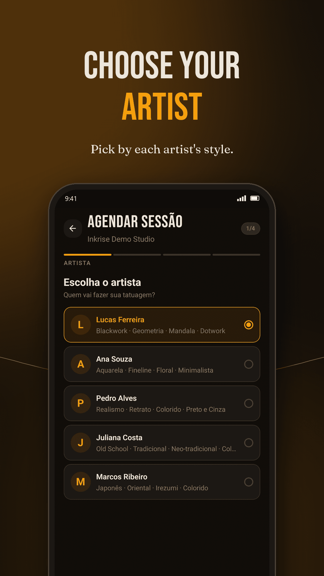 Artist selection in the Inkrise app, showing each artist's style