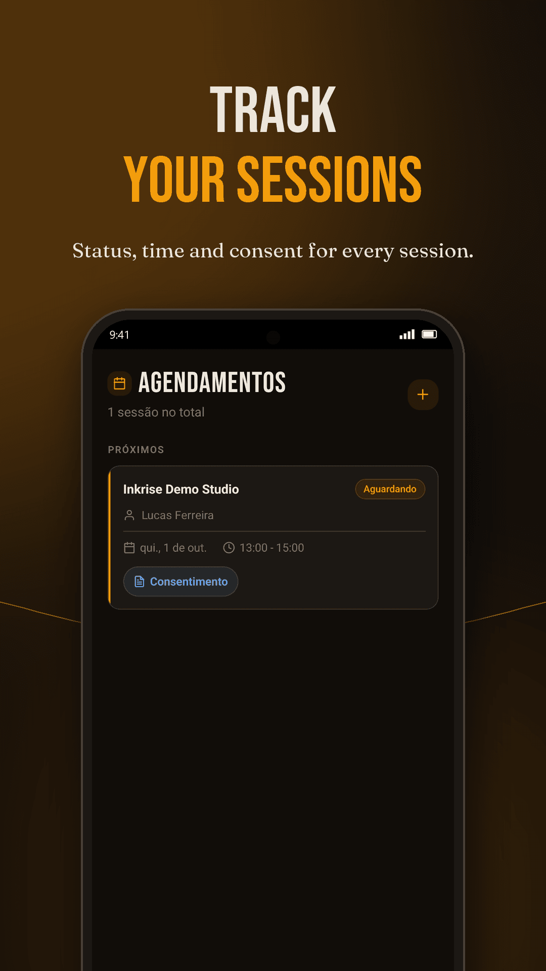 List of booked sessions in the Inkrise app, with status and consent form
