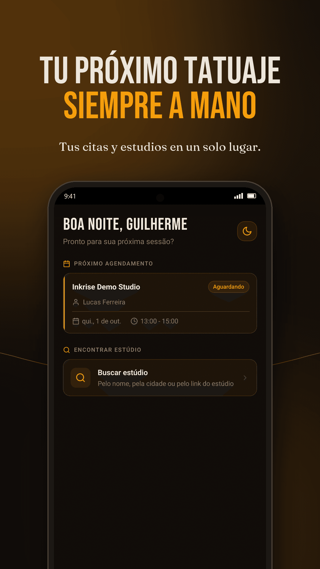 Pantalla de inicio de la app Inkrise con la próxima cita y la búsqueda de estudios