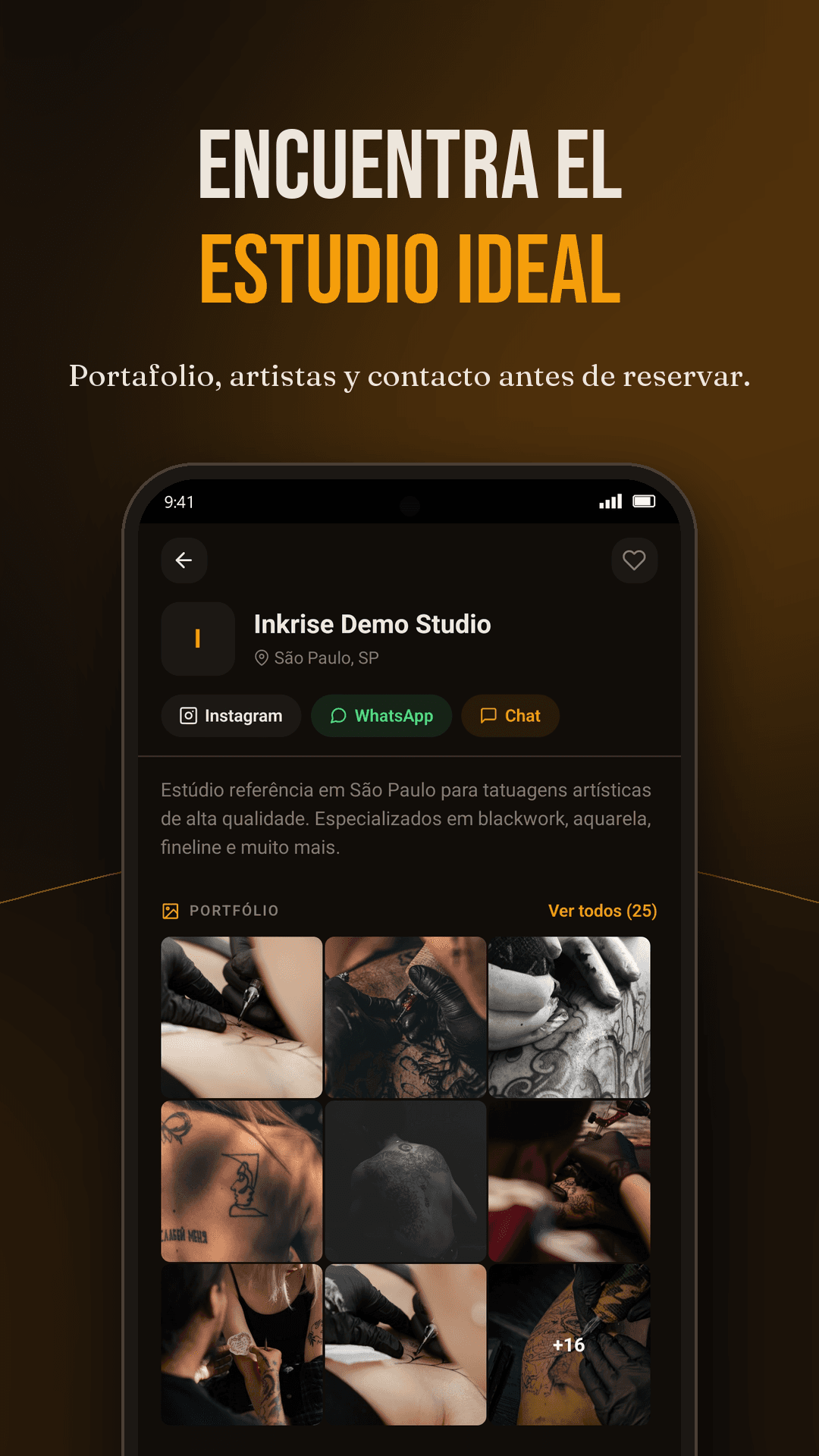 Página del estudio en la app Inkrise con portafolio, contactos y descripción