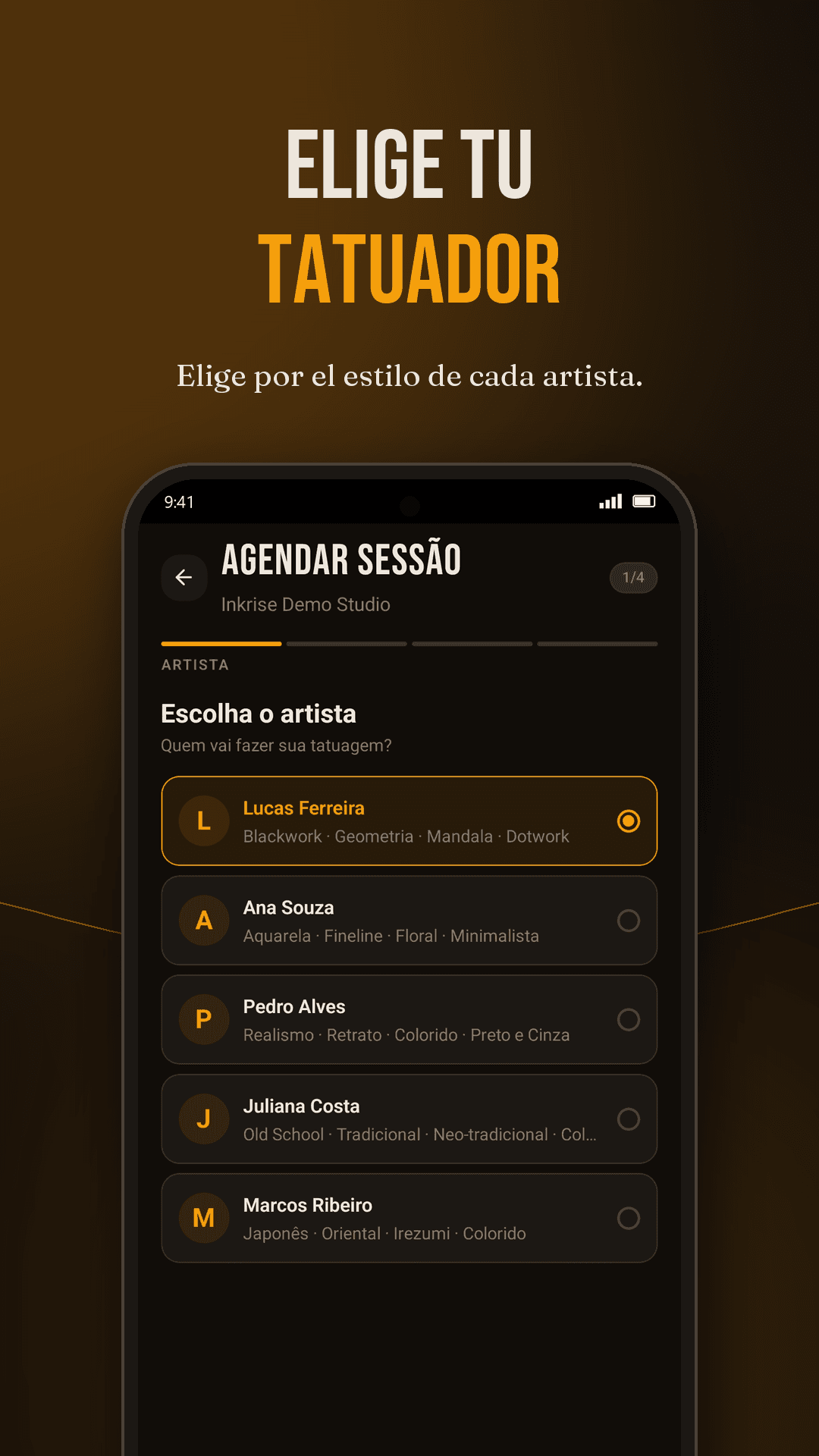 Elección del tatuador en la app Inkrise, con el estilo de cada artista