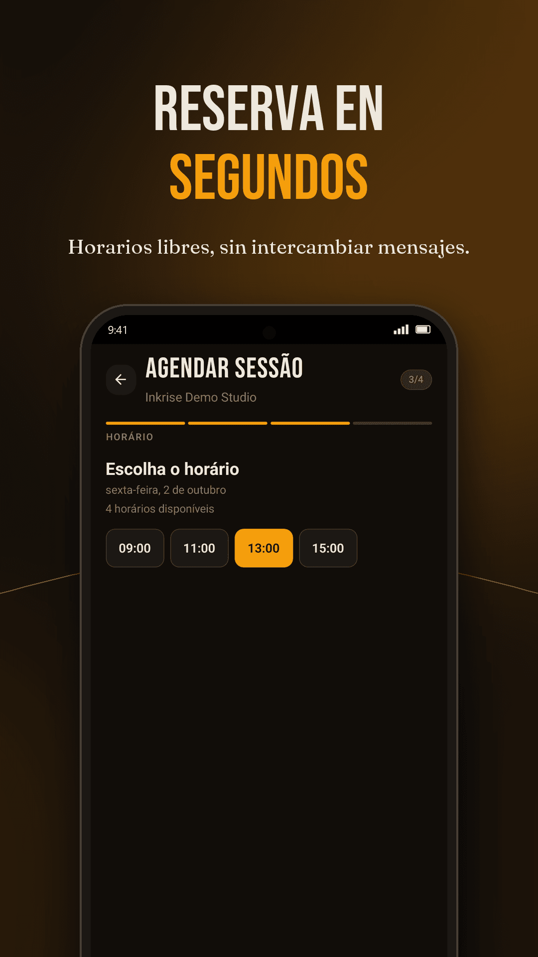 Elección del horario en la app Inkrise, con los horarios libres del día