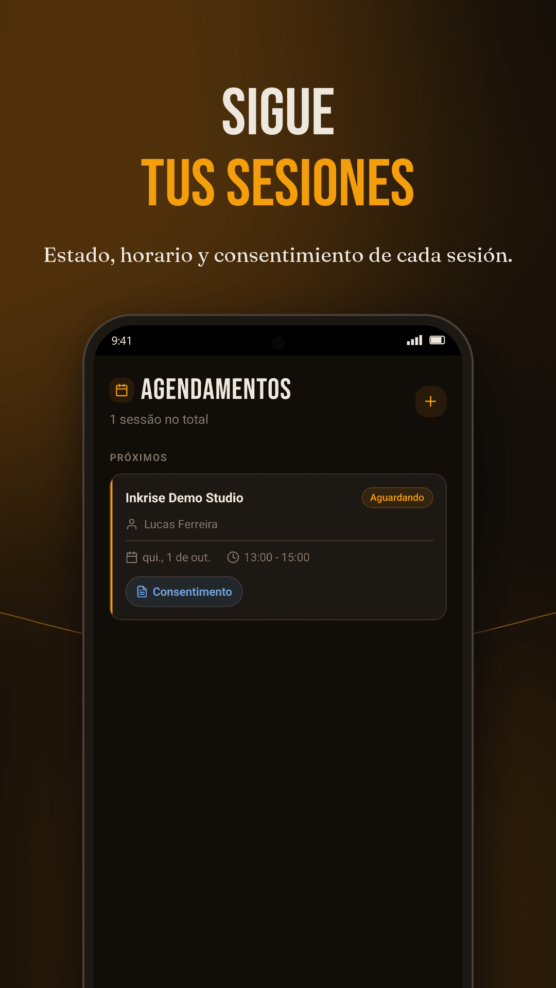 Lista de sesiones agendadas en la app Inkrise, con estado y consentimiento