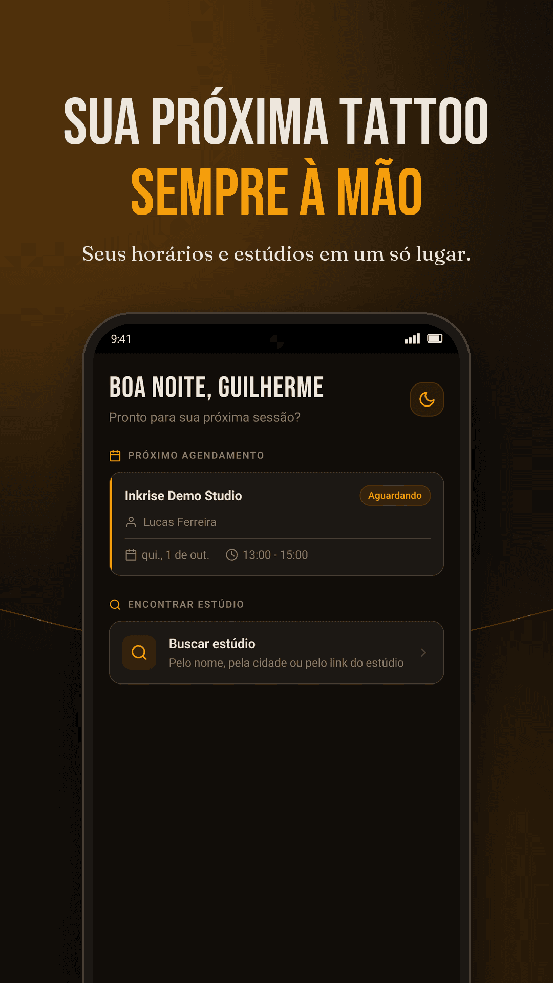 Tela inicial do app Inkrise com o próximo agendamento e a busca de estúdios