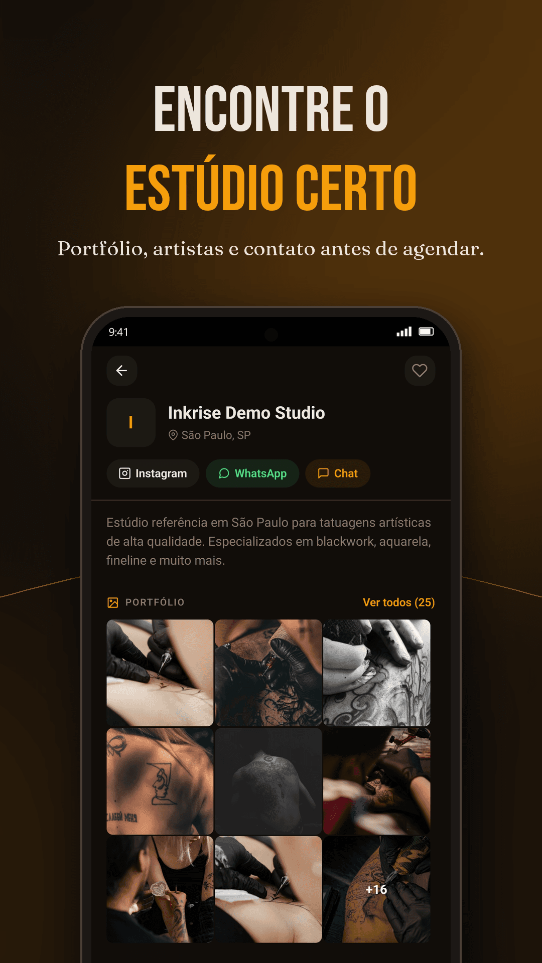 Página do estúdio no app Inkrise com portfólio, contatos e descrição