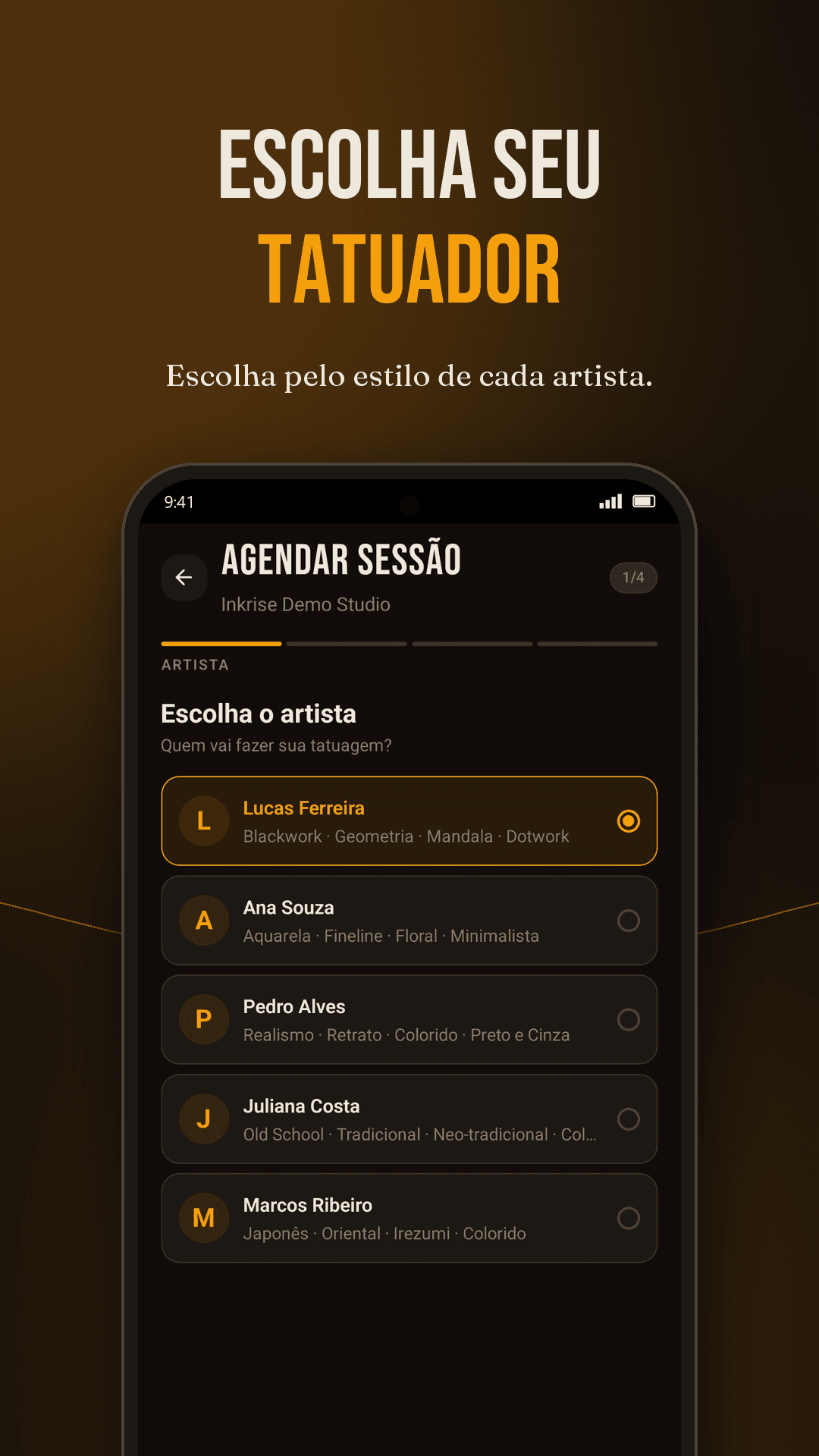 Escolha do tatuador no app Inkrise, com o estilo de cada artista