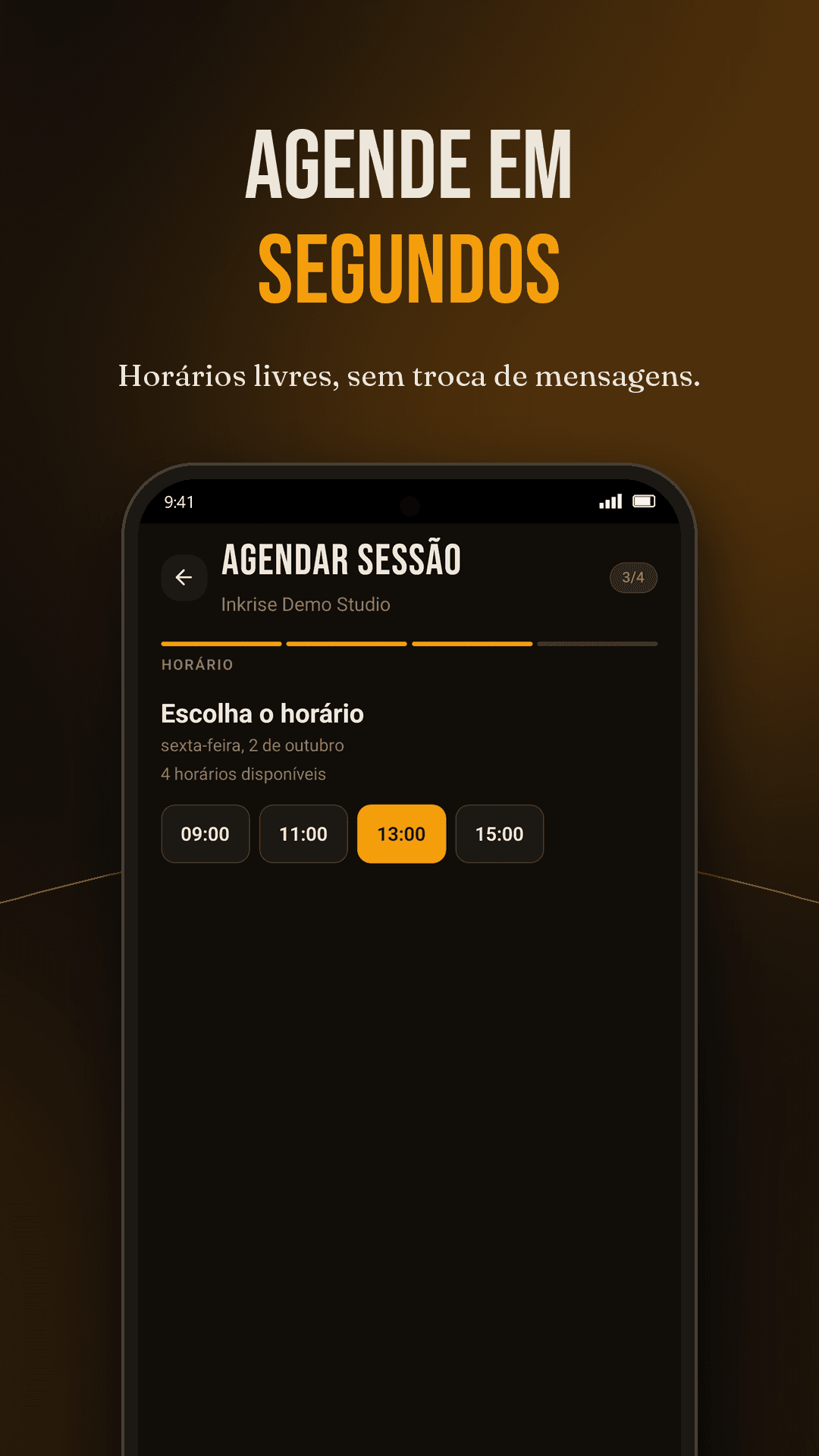 Escolha do horário no app Inkrise, com os horários livres do dia