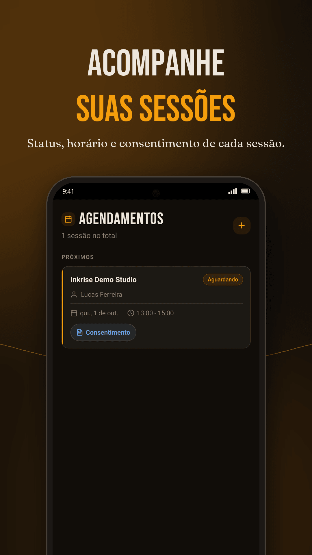 Lista de sessões agendadas no app Inkrise, com status e consentimento